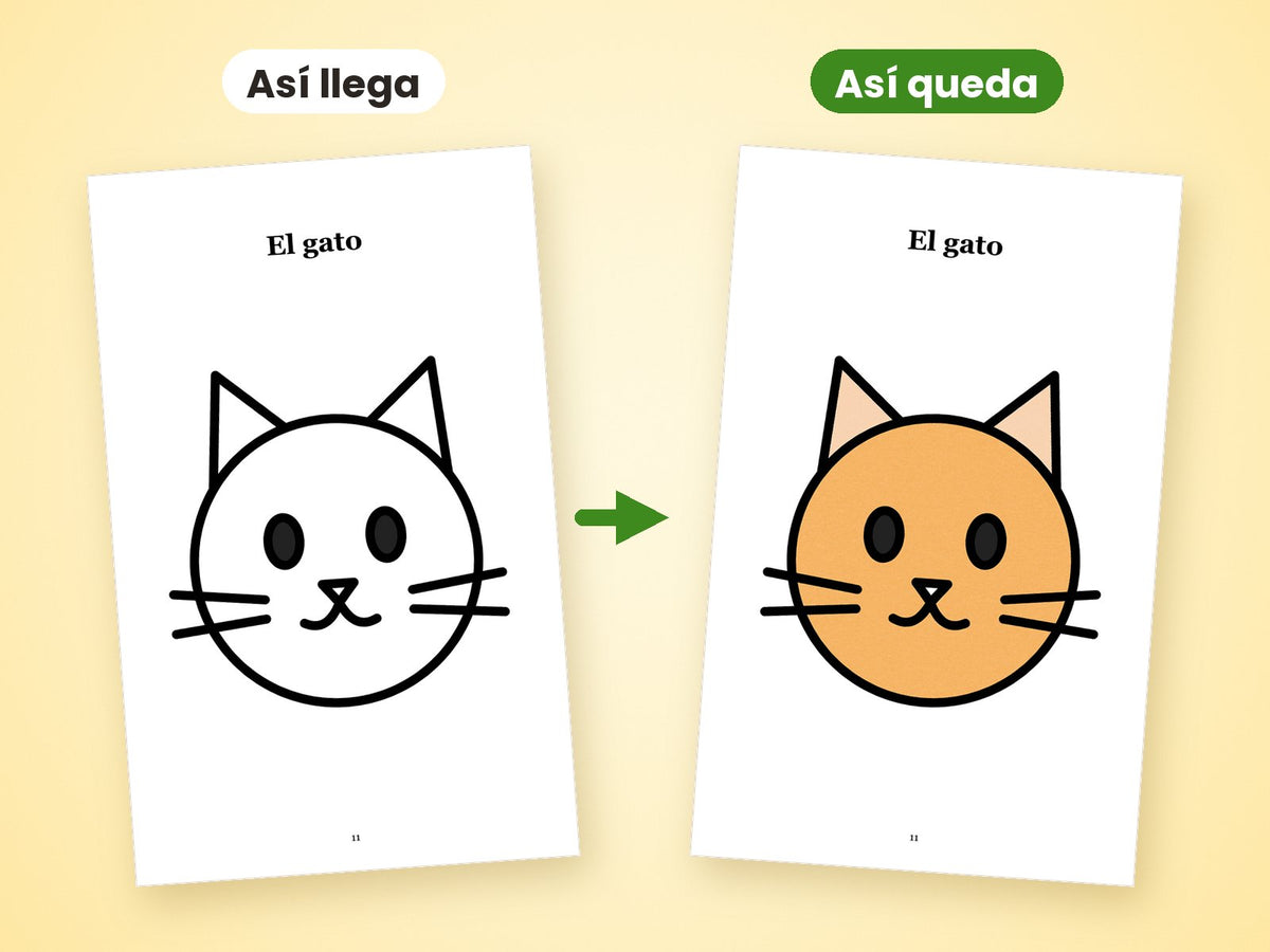 La misma página del gato: así llega en blanco y así queda coloreada