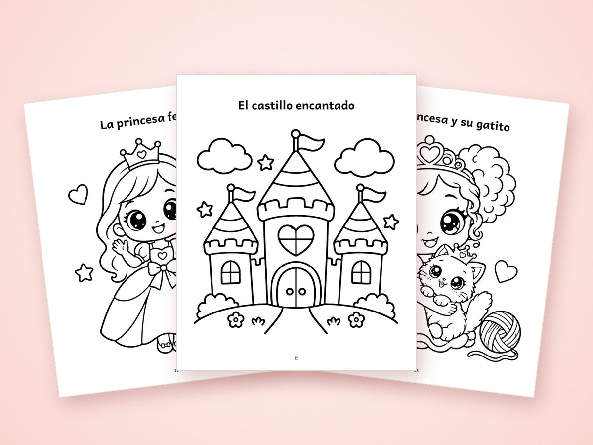 Páginas de Tres Reinos Mágicos: princesa, castillo encantado y princesa con su gatito